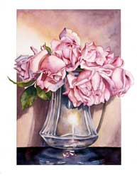 Sally Robertson botanical print ofBelle of Portugual roses in pewter pot