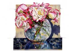 Sally Robertson botanical print of Double Delight Rose in cut glass vase