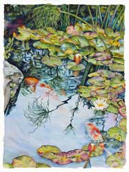 Reflections, Papyrus, koi, waterlilies and papyrus by Sally Robertson