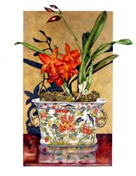 Red Orchids in Chinese Pot