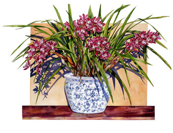 Cymbidium in Blue and White Pot