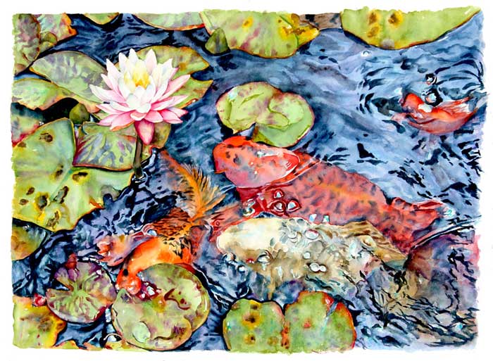 Morning Frolic watercolor of koi by Sally Robertson