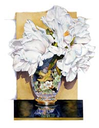 Sally Robertson Botanical print of Peonies in Cloisonne vase